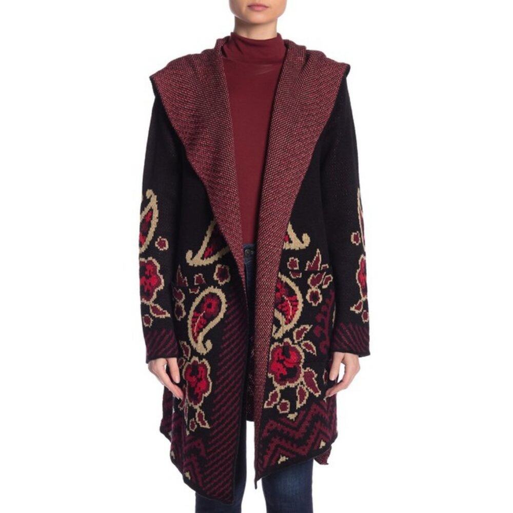 Vertigo Draped Front Hooded Sweater BOHO FESTIVAL Split Sides Paisley Small NEW